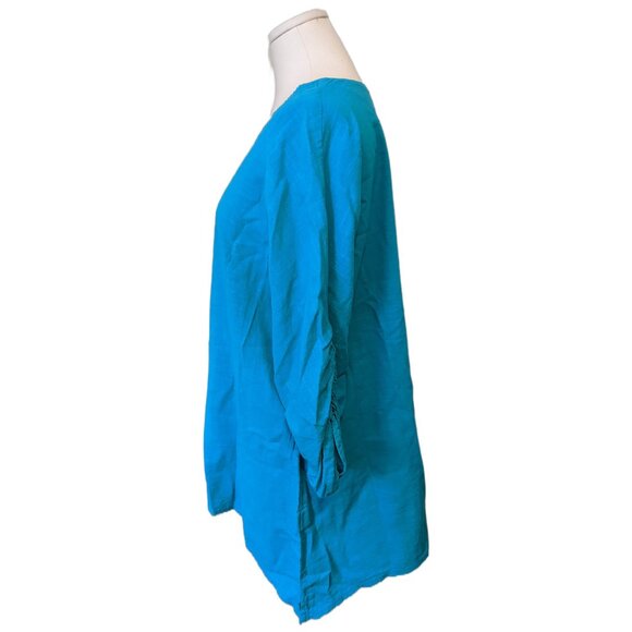 Womens Turquoise 100% Cotton Texture Tunic Top 3/4 Ruched Sleeve Lagenlook XL - Picture 5 of 8
